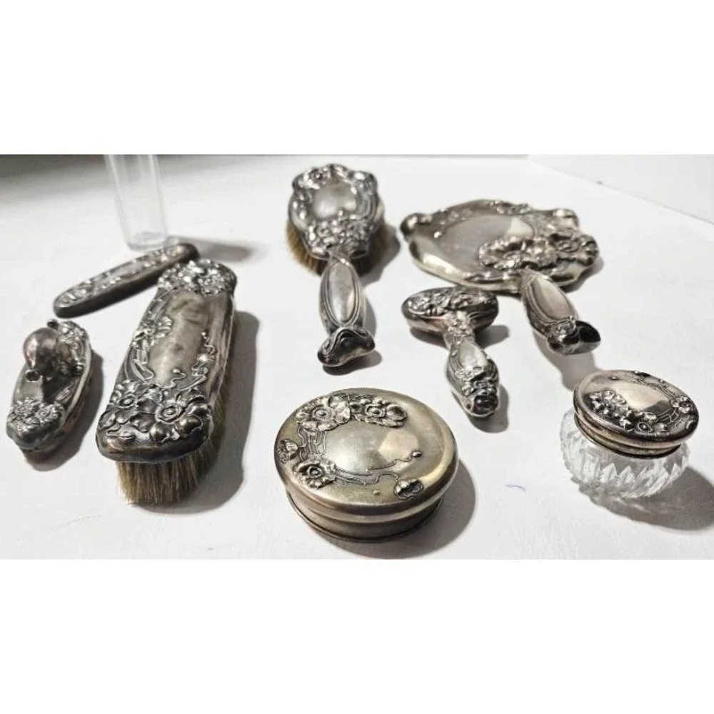 Victorian Repose  Sterling Silver‎  Large Vanity Set Brushes Jars Mirrors & More